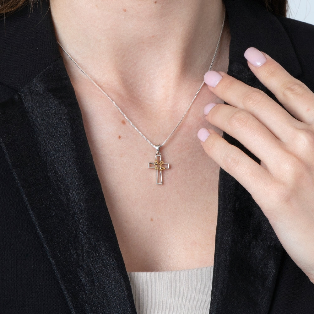 Cutout Cross and Dove Pendant Necklace in 925 Sterling Silver, Gold Plated – shown worn, close-up