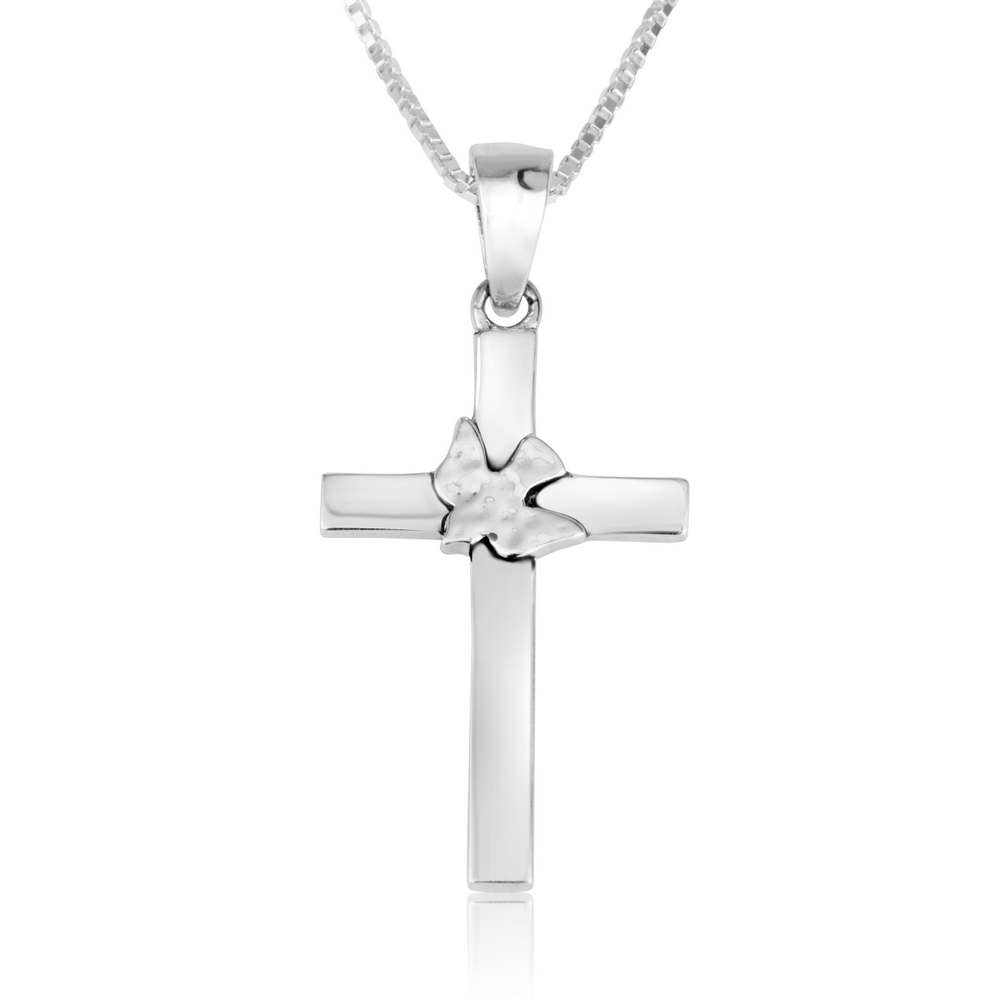 Plain smooth cross pendant with a hammered-texture dove overlay in 925 sterling silver by Marina Jewelry