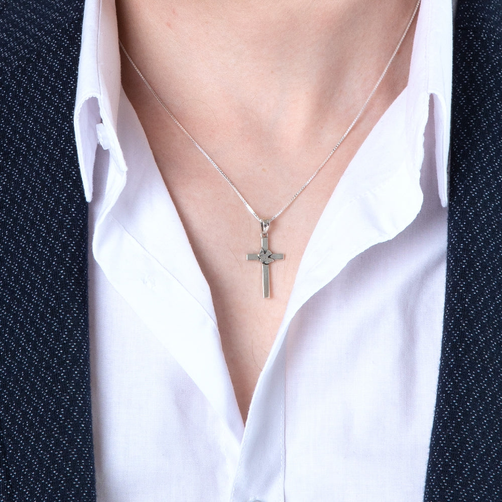 Cross and Dove Pendant Necklace, Slim Latin Cross, 925 Sterling Silver – shown worn, close-up