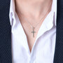 Cross and Dove Pendant Necklace, Slim Latin Cross, 925 Sterling Silver – shown worn, close-up