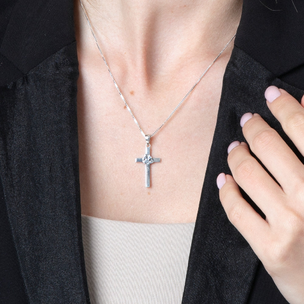 Cross and Dove Pendant Necklace, Slim Latin Cross, 925 Sterling Silver – shown worn, close-up
