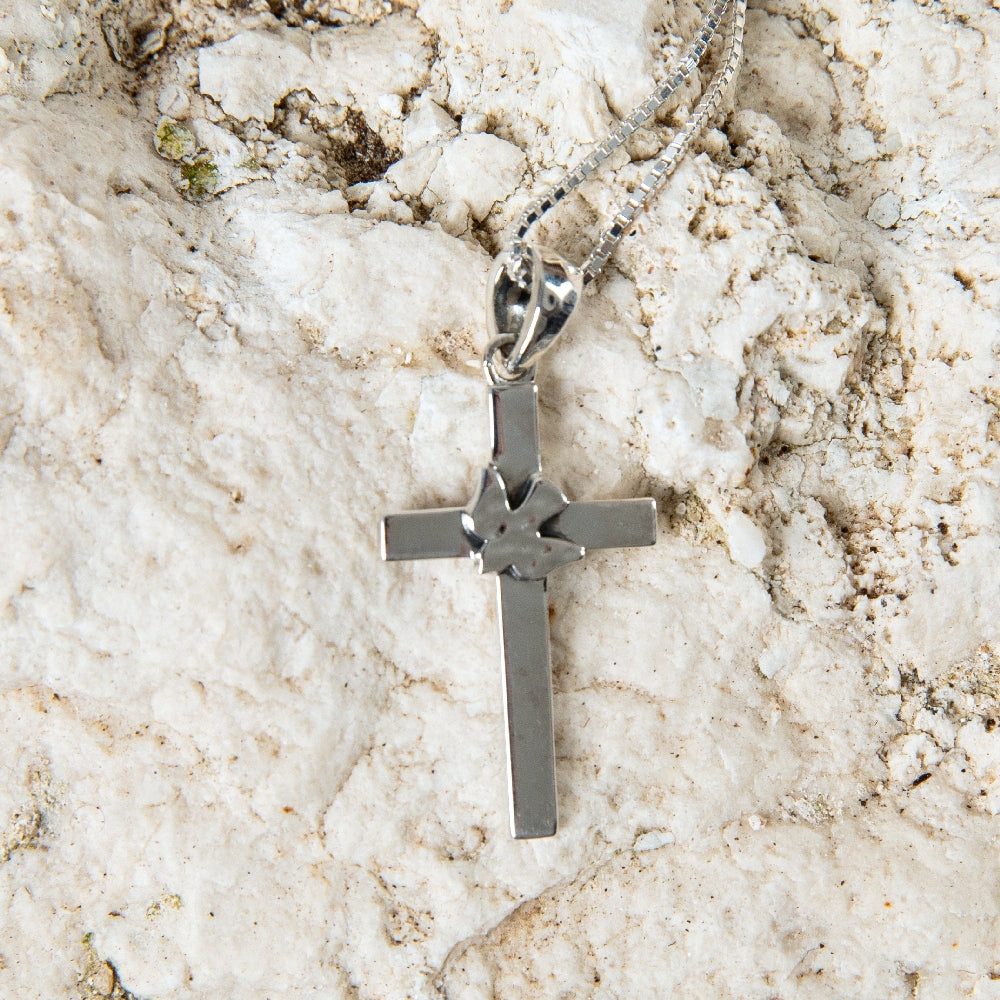 Cross and Dove Pendant Necklace, Slim Latin Cross, 925 Sterling Silver – flat lay