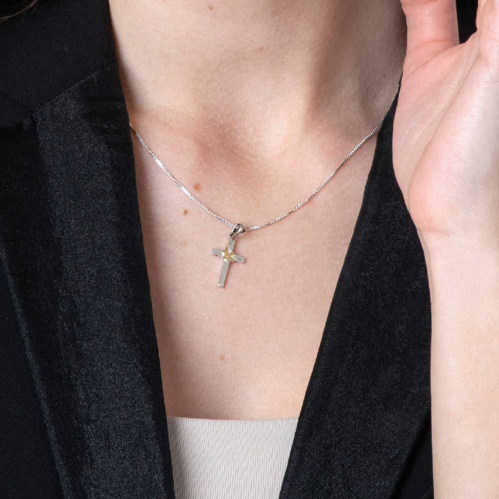 Cross and Dove Pendant Necklace in 925 Sterling Silver, Gold Plated – shown worn, close-up