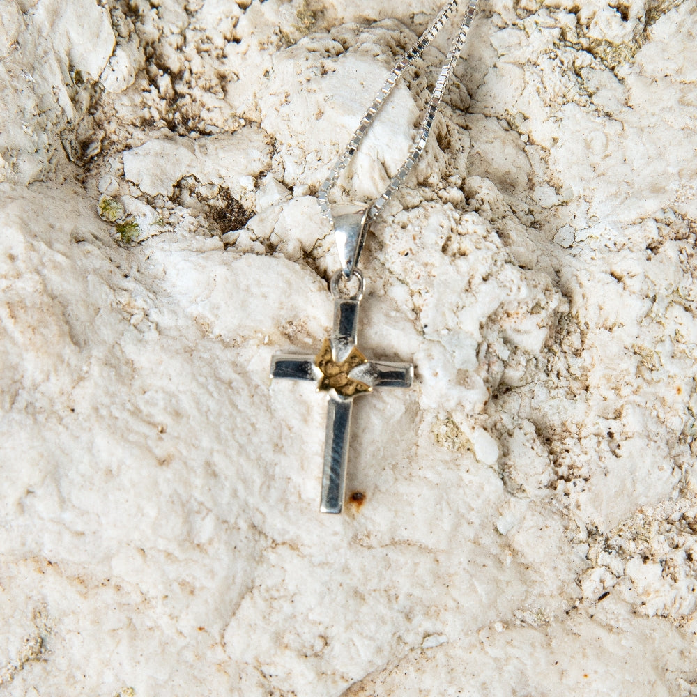 Cross and Dove Pendant Necklace in 925 Sterling Silver, Gold Plated – flat lay