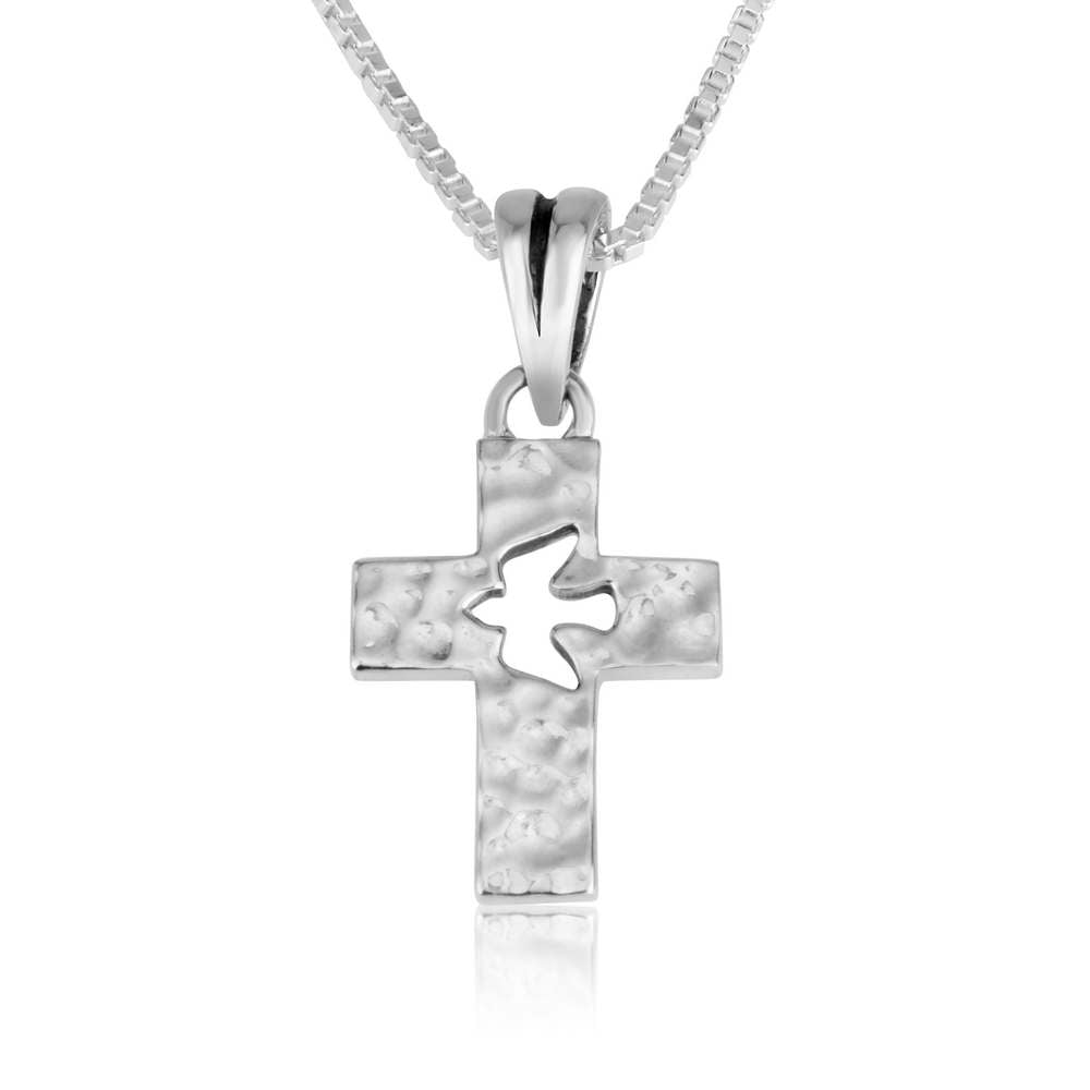 Hammered-texture cross pendant with an open cutout dove in 925 sterling silver by Marina Jewelry