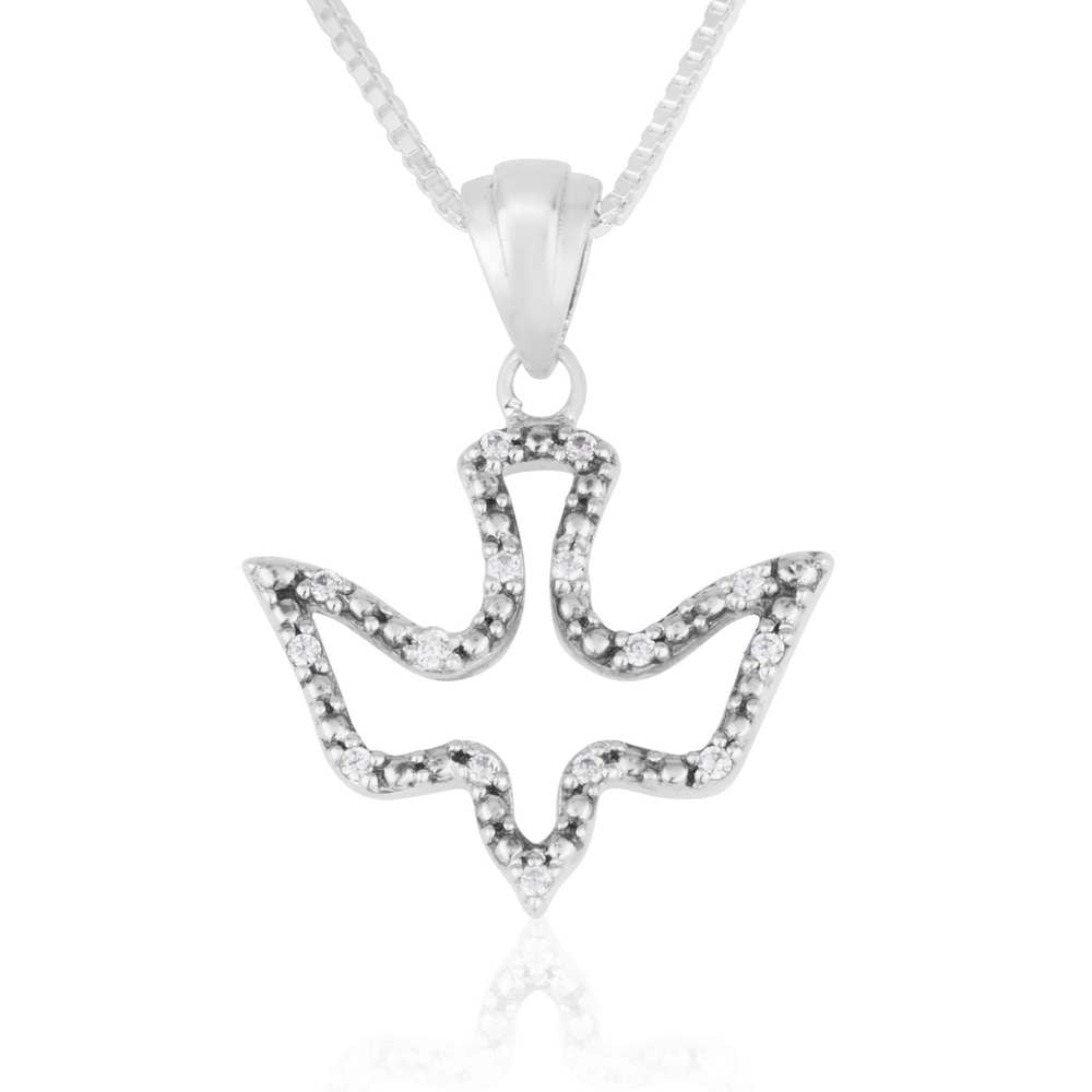 Open silhouette dove pendant outlined in cubic zirconia in 925 sterling silver by Marina Jewelry