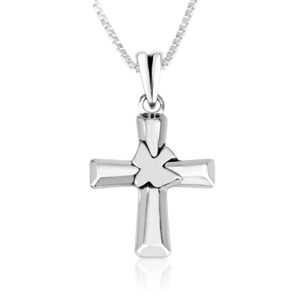 Plain smooth cross pendant with a dove overlay in 925 sterling silver by Marina Jewelry