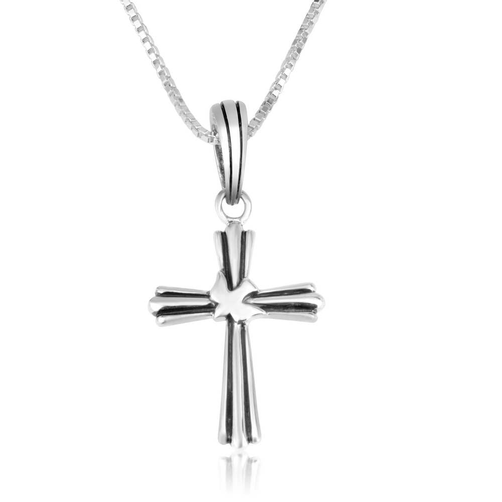 Ribbed cross pendant with a dove overlay in 925 sterling silver by Marina Jewelry