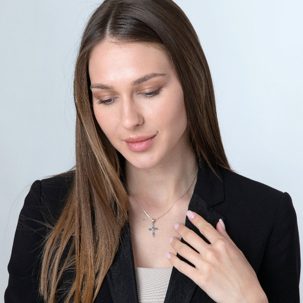 Ribbed Cross and Dove Pendant Necklace in 925 Sterling Silver – shown worn