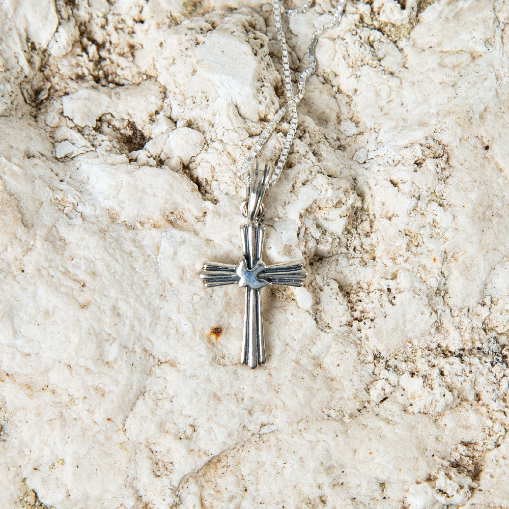 Ribbed Cross and Dove Pendant Necklace in 925 Sterling Silver – flat lay