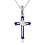 Blue and white enamel cross pendant with a dove overlay in 925 sterling silver by Marina Jewelry