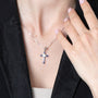 Cross and Dove Pendant Necklace in 925 Sterling Silver, Blue and White Enamel – shown worn, close-up