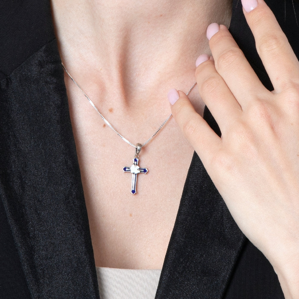 Cross and Dove Pendant Necklace in 925 Sterling Silver, Blue and White Enamel – shown worn, close-up