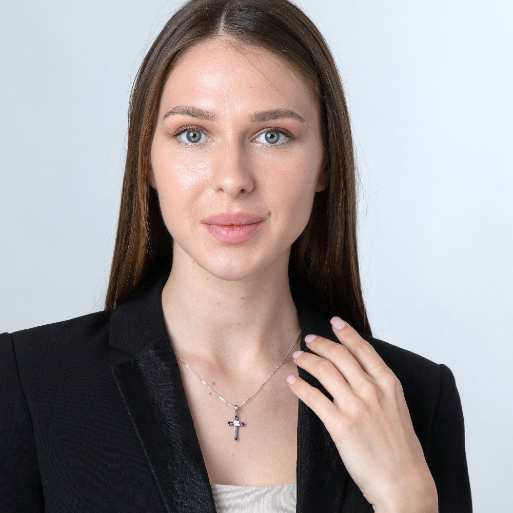 Cross and Dove Pendant Necklace in 925 Sterling Silver, Blue and White Enamel – shown worn
