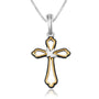 Ornate gold-plated open-linework cross pendant with a dove overlay in 925 sterling silver by Marina Jewelry