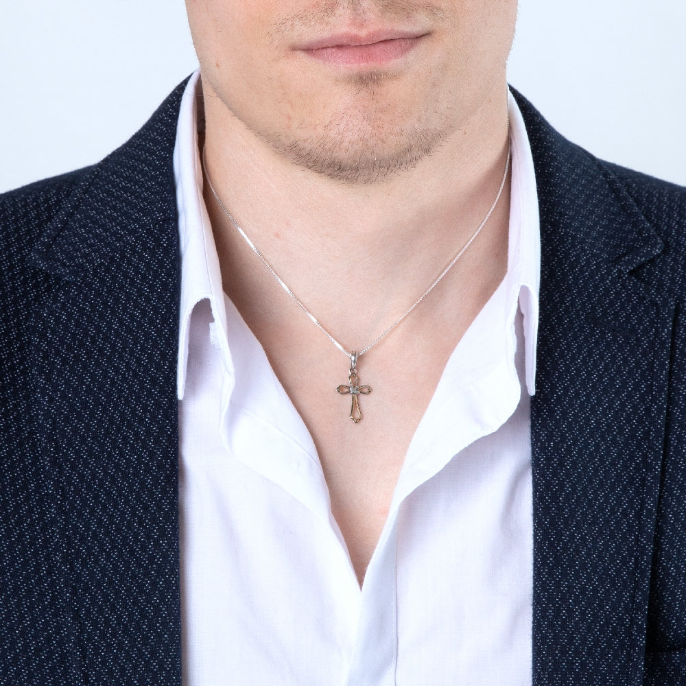 Ornate Cross and Dove Pendant Necklace in 925 Sterling Silver, Gold Plated – shown worn, close-up