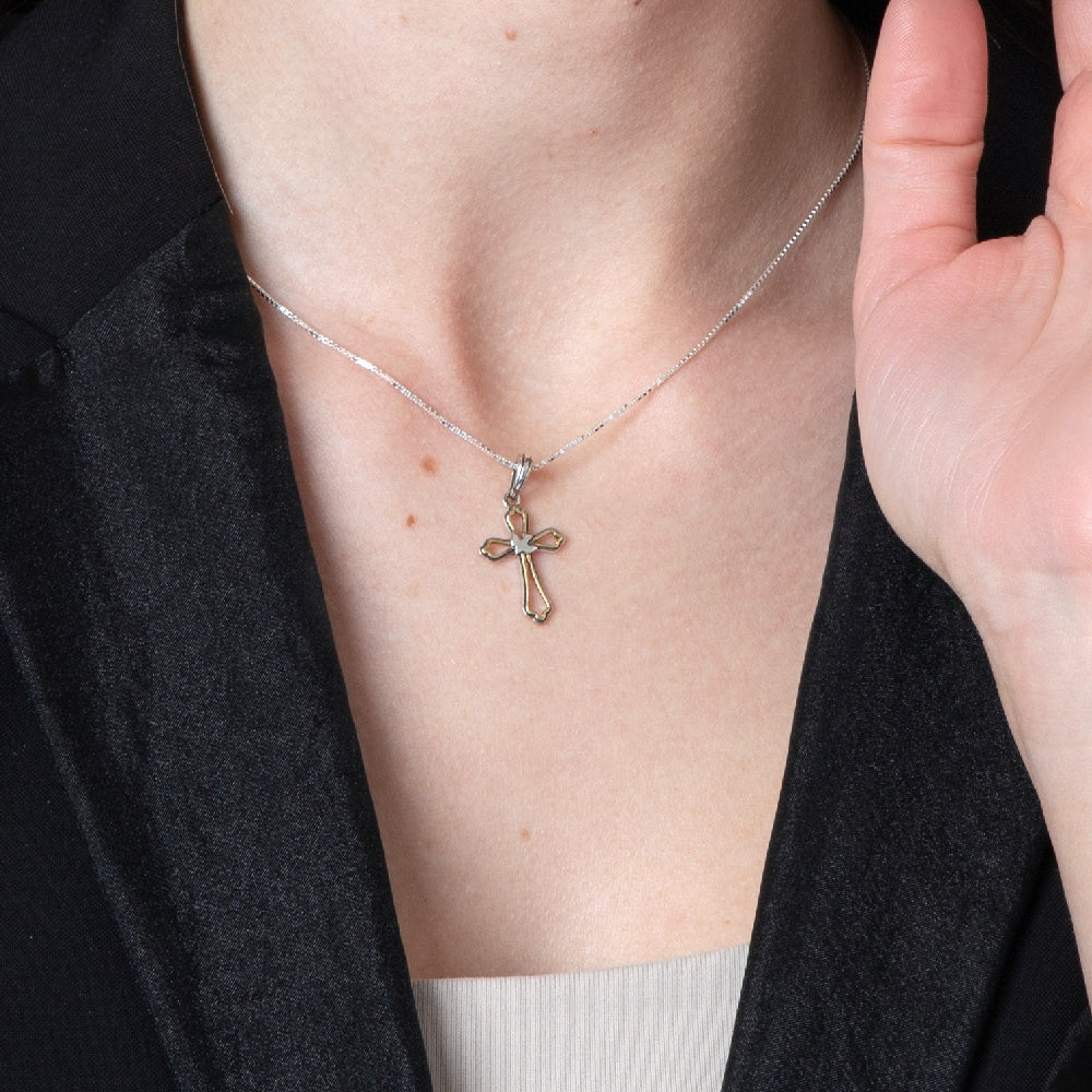 Ornate Cross and Dove Pendant Necklace in 925 Sterling Silver, Gold Plated – shown worn, close-up