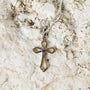Ornate Cross and Dove Pendant Necklace in 925 Sterling Silver, Gold Plated – flat lay