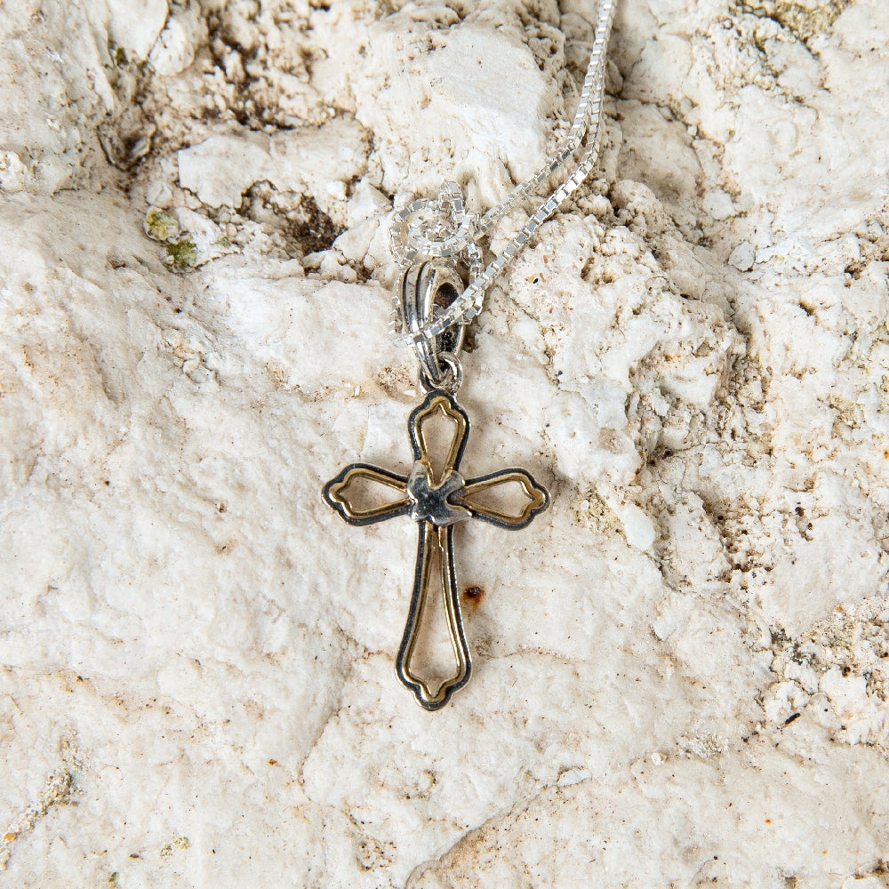 Ornate Cross and Dove Pendant Necklace in 925 Sterling Silver, Gold Plated – flat lay