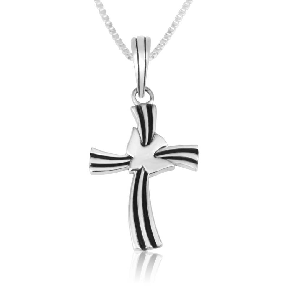 Wavy cross pendant with a dove overlay in 925 sterling silver by Marina Jewelry