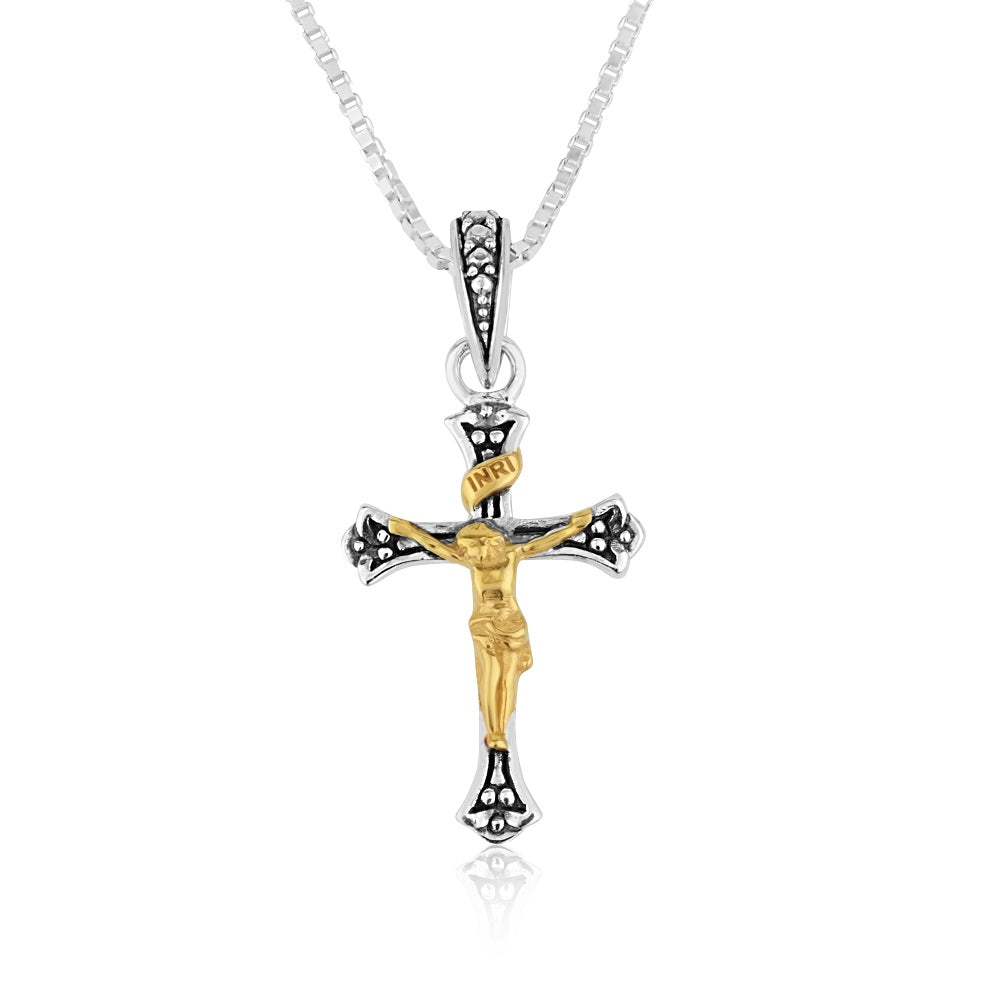 Two-tone crucifix pendant necklace in 925 sterling silver with gold accents by Marina Jewelry