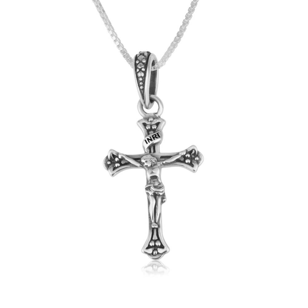 Ornate crucifix pendant necklace in oxidized 925 sterling silver with beaded border by Marina Jewelry