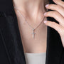 Ornate Crucifix Pendant Necklace in Oxidized 925 Sterling Silver, Beaded Border – shown worn, close-up