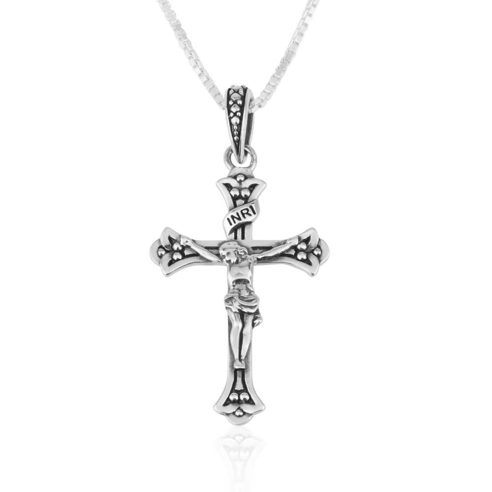 Budded crucifix pendant with engraved INRI banner in 925 sterling silver by Marina Jewelry