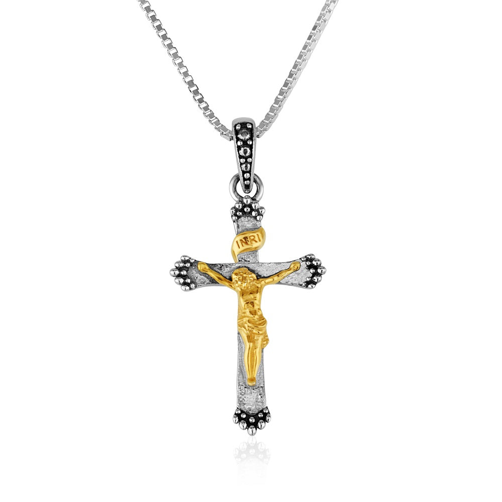 Gold-plated budded crucifix pendant with engraved INRI banner in 925 sterling silver by Marina Jewelry