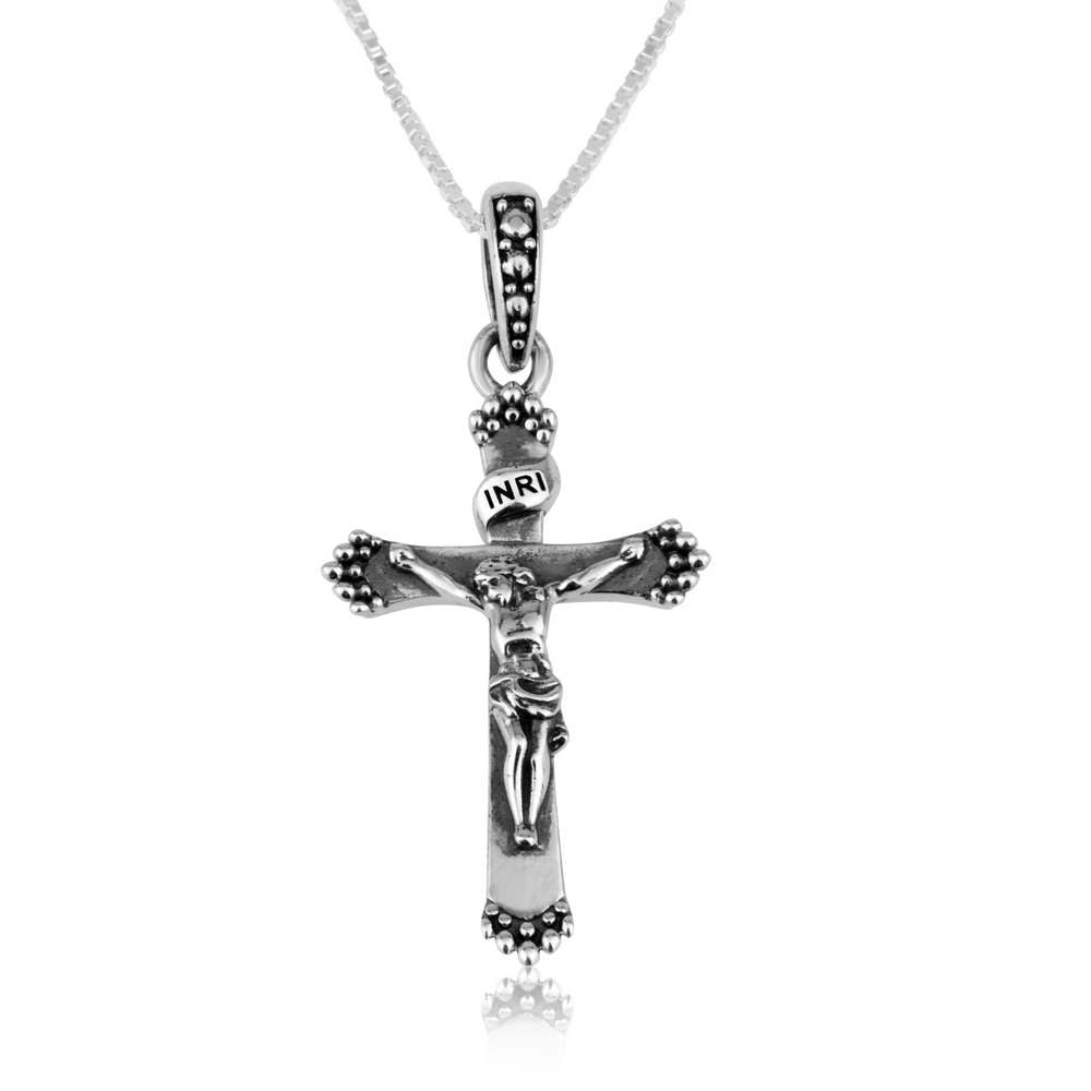 Budded crucifix pendant with engraved INRI banner in 925 sterling silver by Marina Jewelry