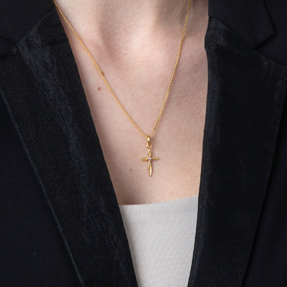 Marquise Cross Pendant Necklace in 925 Sterling Silver, Gold Plated – shown worn, close-up