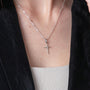 Dotted Cross Pendant Necklace, Slender Tapered Point, 925 Sterling Silver – shown worn, close-up