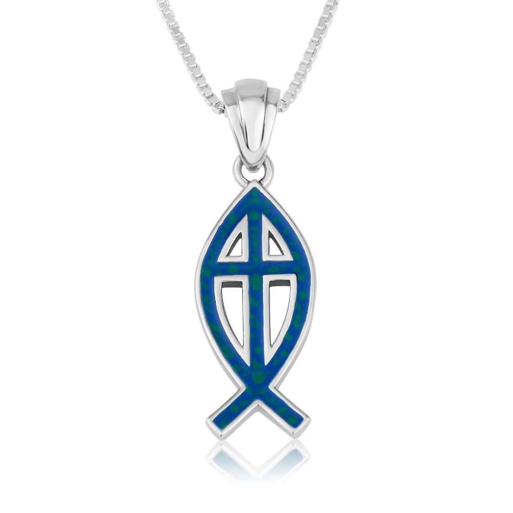 Green-blue enamel Ichthys fish pendant with open cross cutout in 925 sterling silver by Marina Jewelry