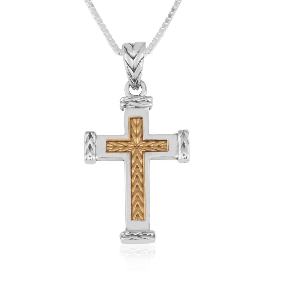 Sunburst-engraved gold-plated cross pendant with rope-textured caps in 925 sterling silver by Marina Jewelry