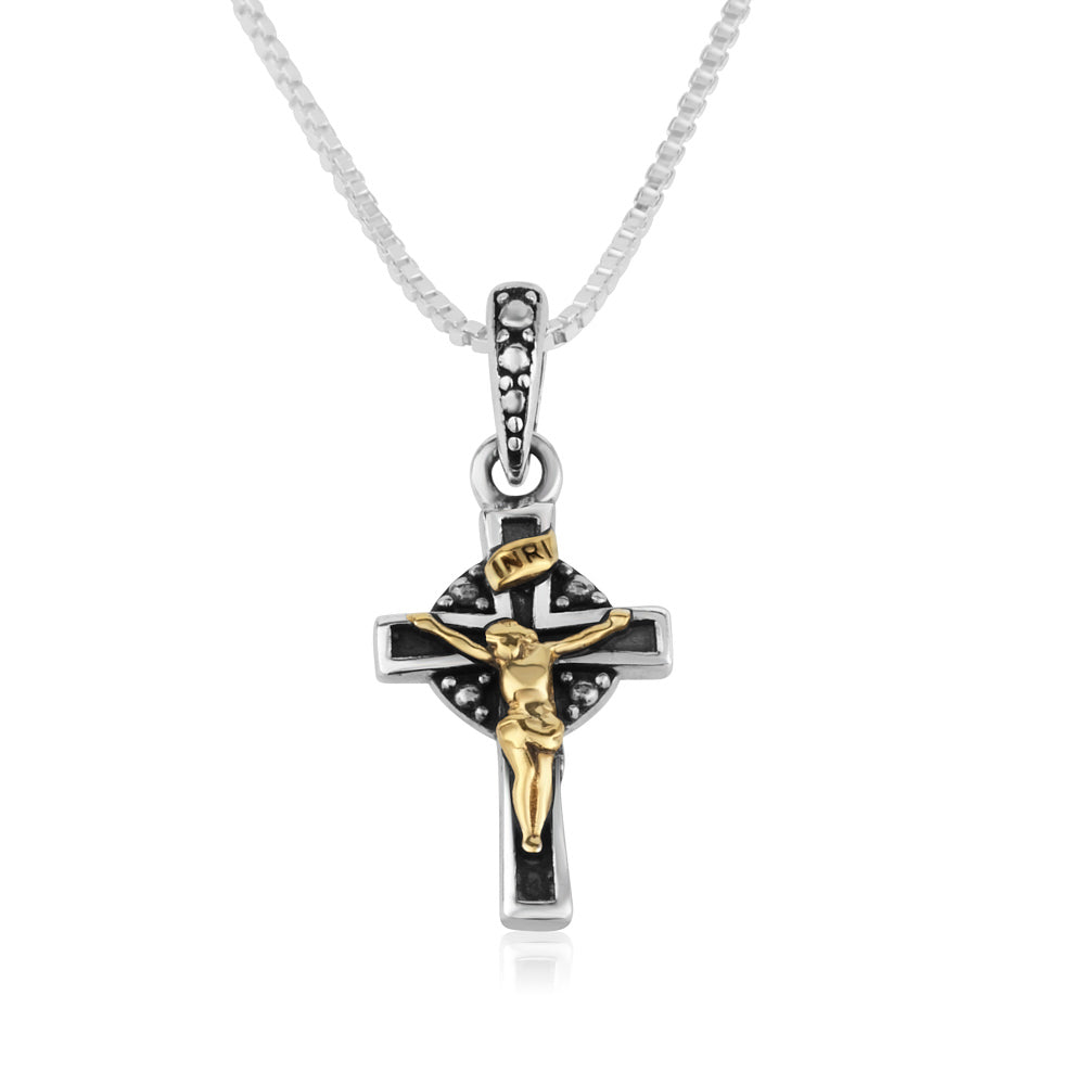 Ornate crucifix pendant necklace in gold-plated 925 sterling silver with clear stone accents by Marina Jewelry