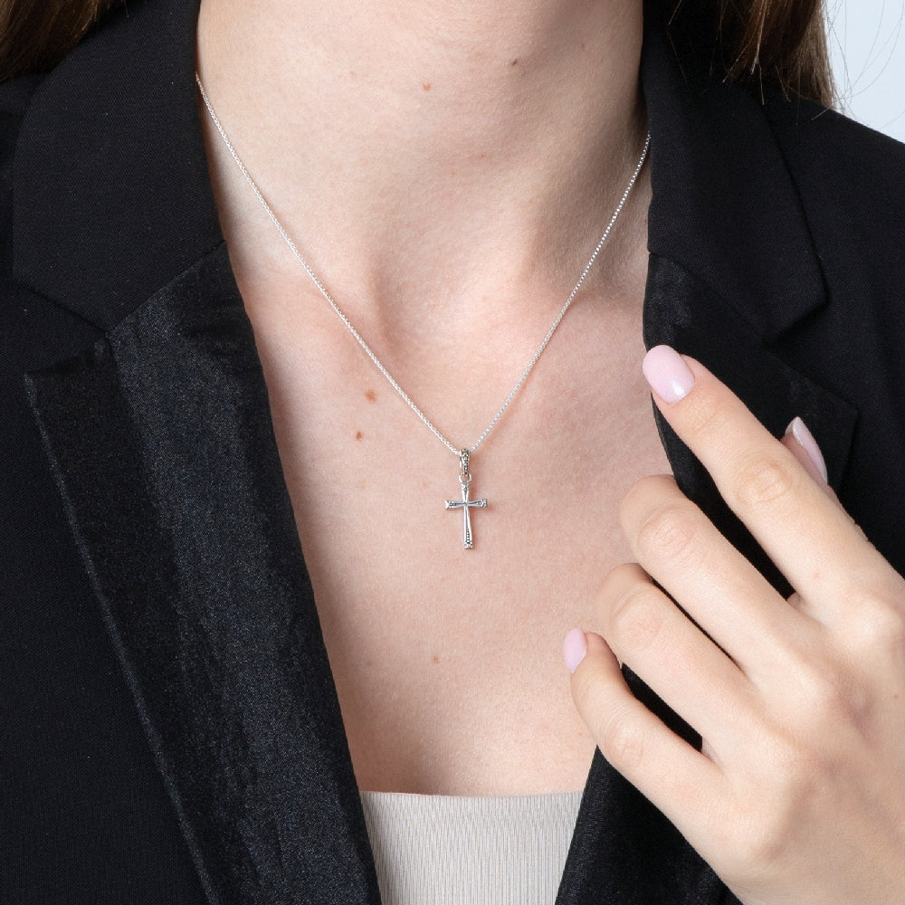 Cross Pendant Necklace in 925 Sterling Silver, Beaded Tips – shown worn, close-up