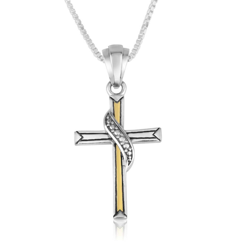 Cross pendant with diagonal gold-plated wrapped band in 925 sterling silver by Marina Jewelry
