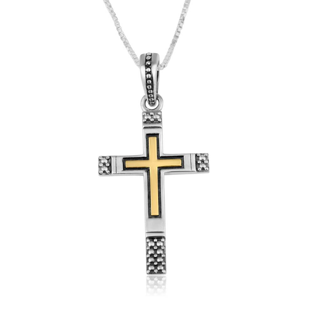 Gold-plated center cross pendant with beaded dot clusters in 925 sterling silver by Marina Jewelry