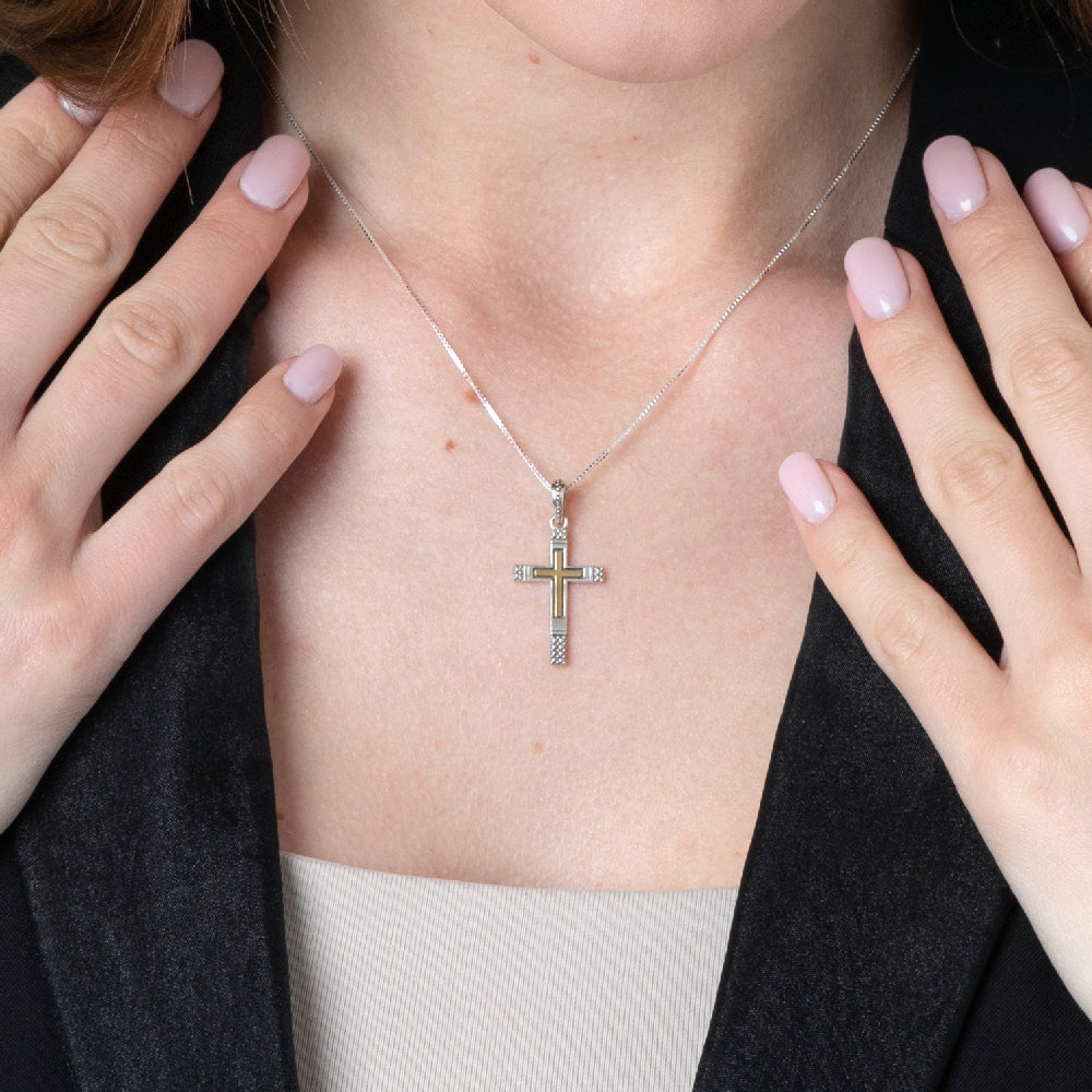 Two-Tone Cross Pendant Necklace, Beaded Block Ends, 925 Sterling Silver – shown worn, close-up