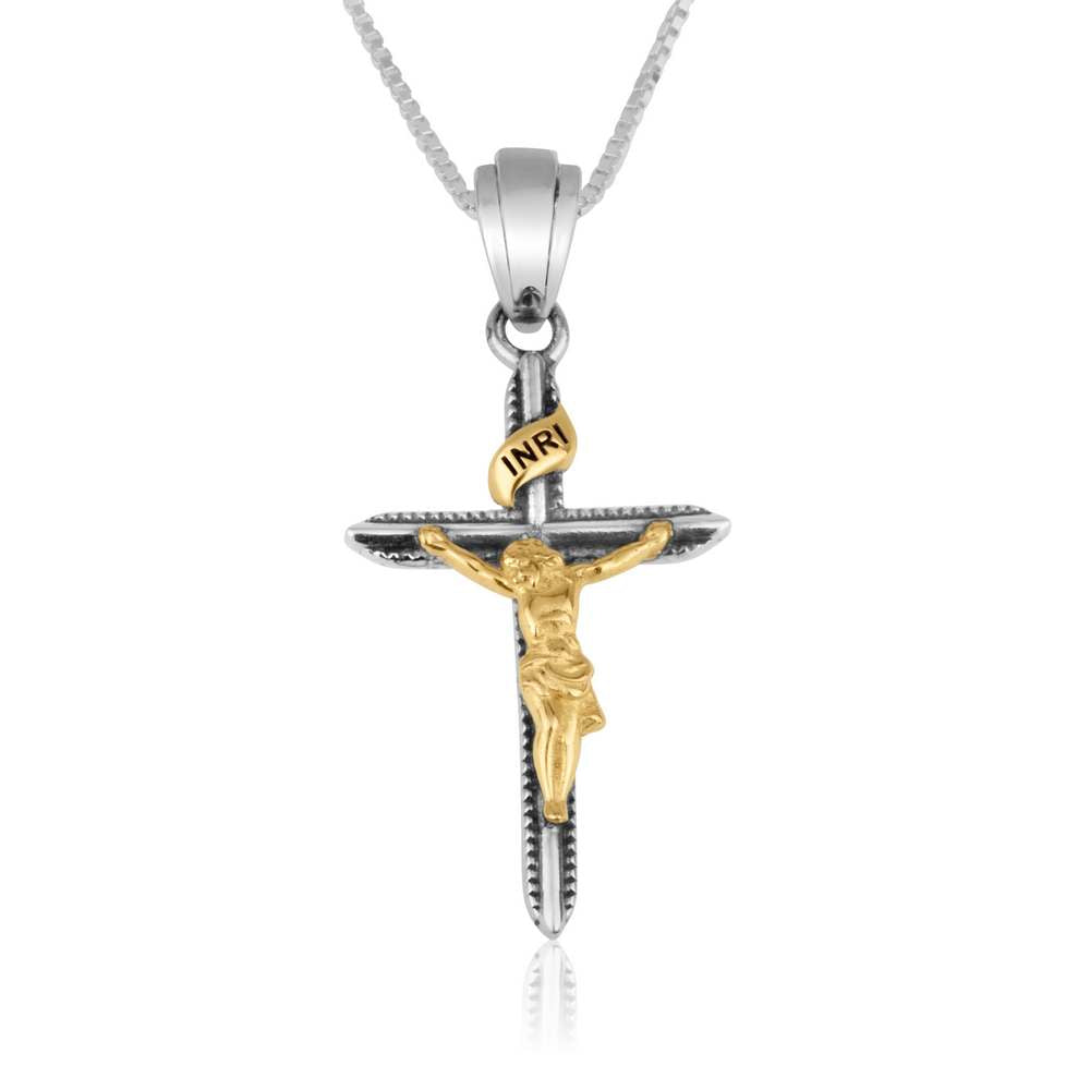 Gold-plated crucifix pendant with engraved INRI banner in 925 sterling silver by Marina Jewelry