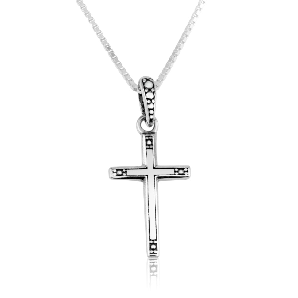 Two-Tone Cross Pendant Necklace, Slim Dotted Tips, 925 Sterling Silver – back view