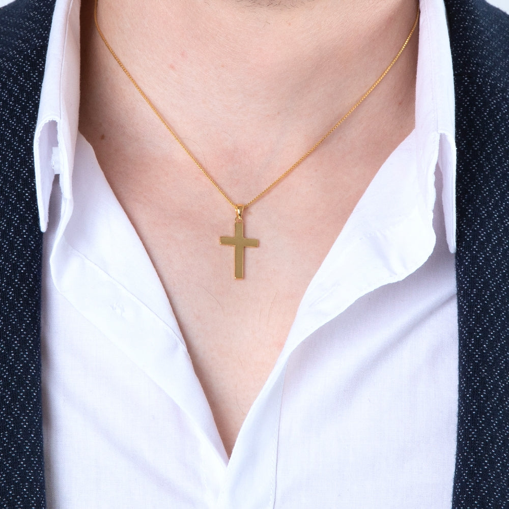 Plain Cross Pendant Necklace in 925 Sterling Silver, Gold Plated – shown worn, close-up