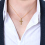 Plain Cross Pendant Necklace in 925 Sterling Silver, Gold Plated – shown worn, close-up