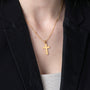 Plain Cross Pendant Necklace in 925 Sterling Silver, Gold Plated – shown worn, close-up