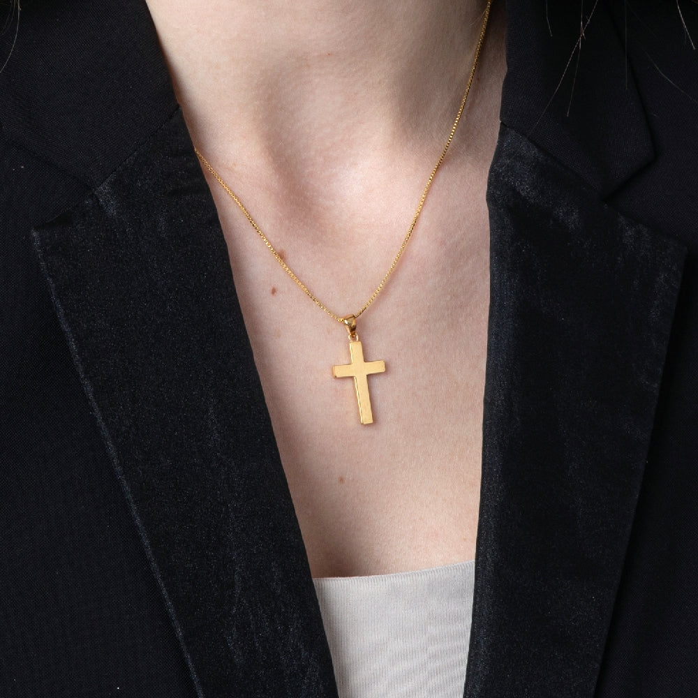 Plain Cross Pendant Necklace in 925 Sterling Silver, Gold Plated – shown worn, close-up