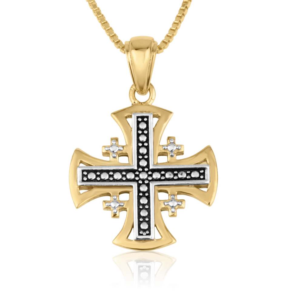 Gold-plated Jerusalem Cross pendant with oxidized silver center cross in 925 sterling silver by Marina Jewelry