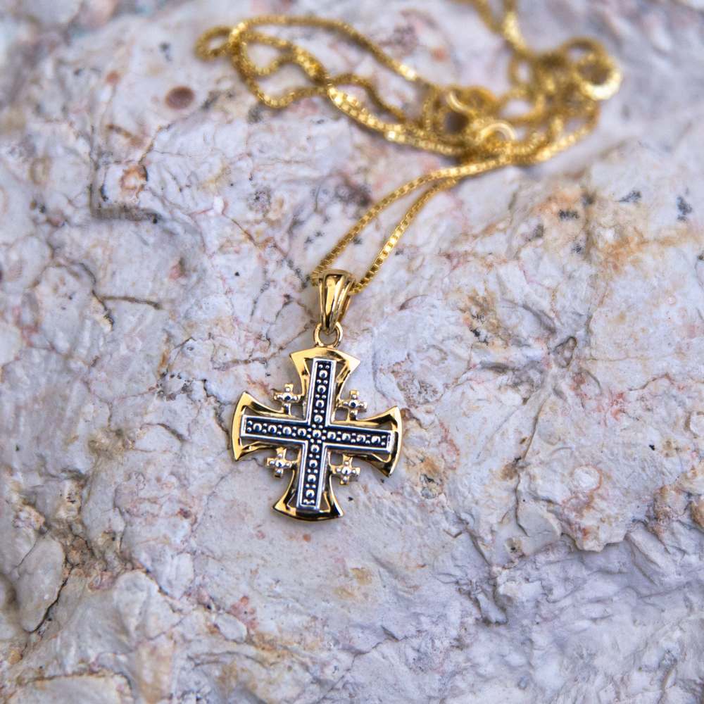 Two-Tone Jerusalem Cross Pendant Necklace, Flared Gold Frame, 925 Sterling Silver – flat lay