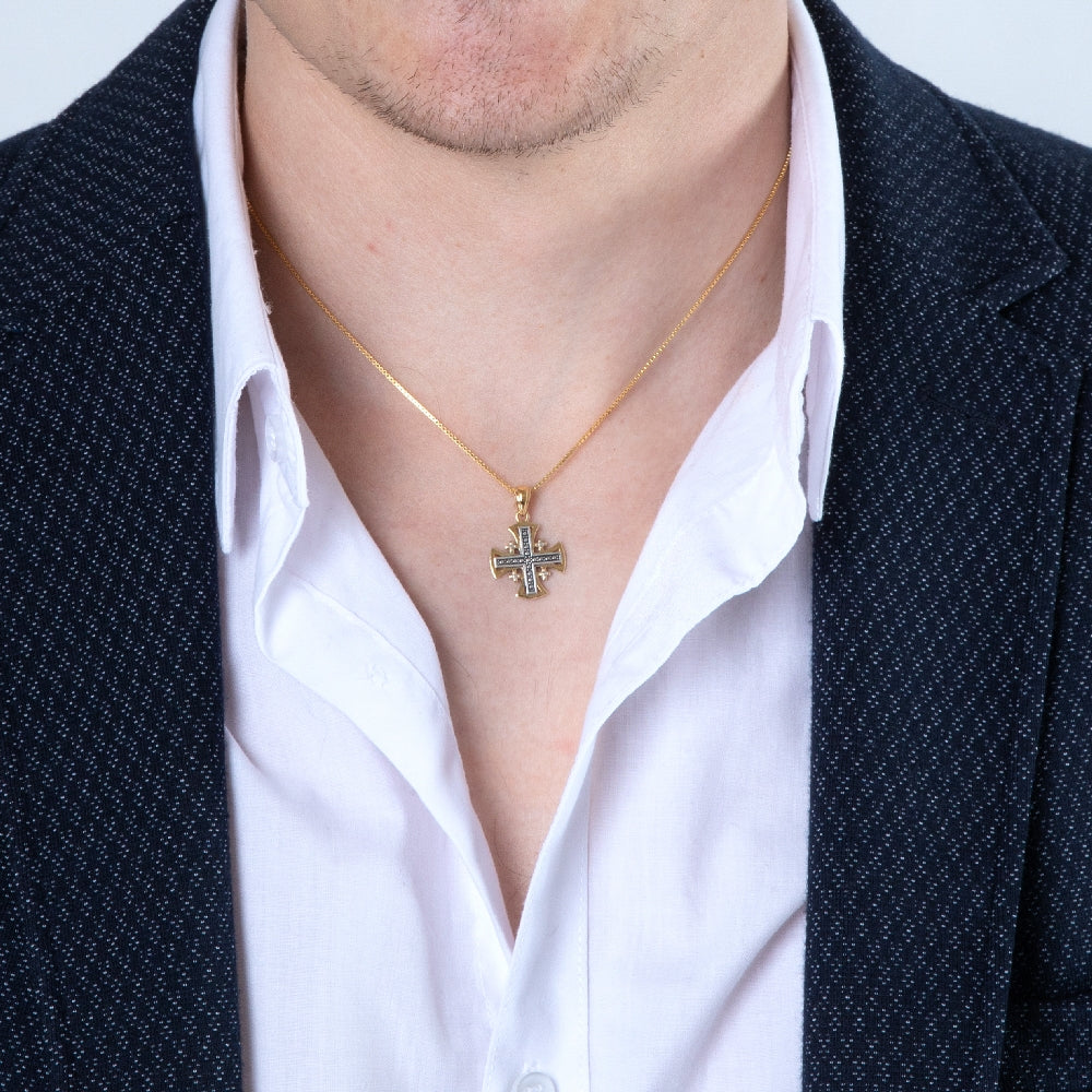 Two-Tone Jerusalem Cross Pendant Necklace, Flared Gold Frame, 925 Sterling Silver – shown worn, close-up