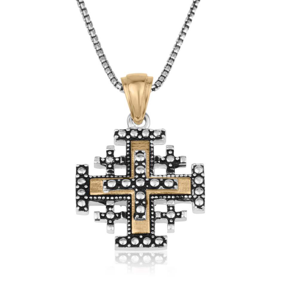 Heavily oxidized Jerusalem Cross pendant with gold-plated center cross in 925 sterling silver by Marina Jewelry