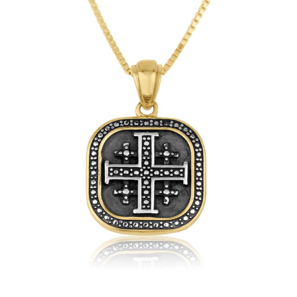 Jerusalem Cross medallion pendant in a gold-plated square frame over 925 sterling silver by Marina Jewelry